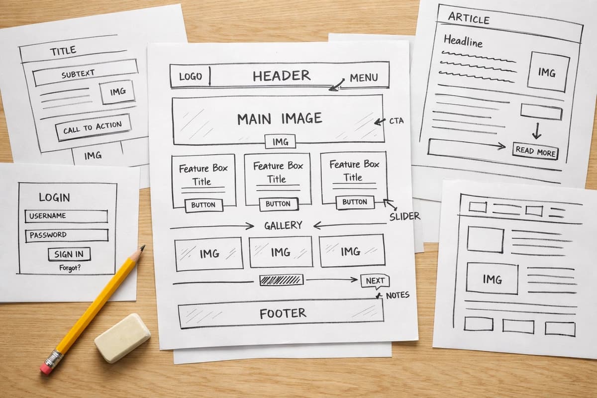 Website wireframe sketches and design process