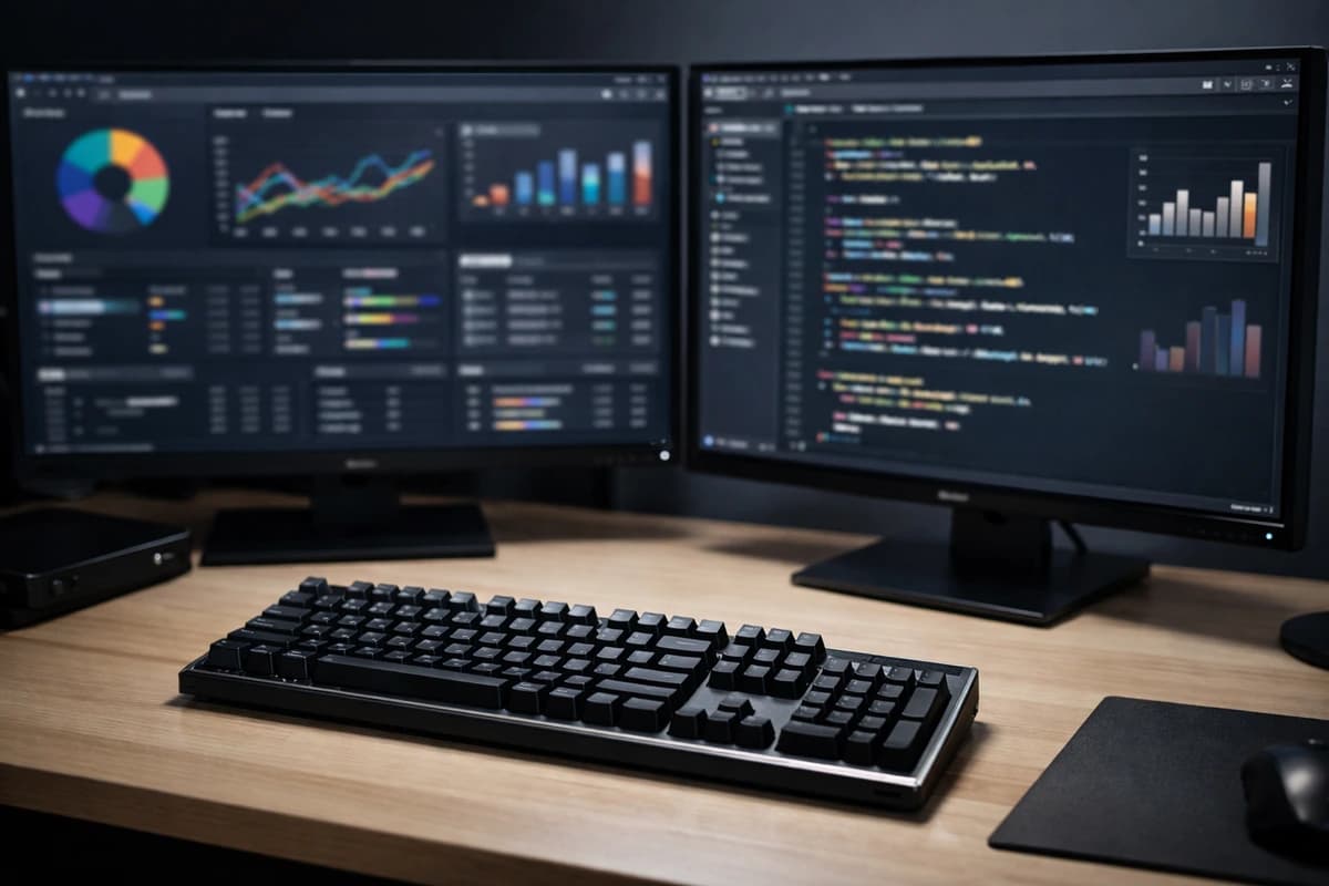 Web application dashboard on dual monitor developer workstation