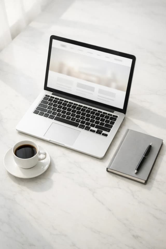 Professional web design workspace with laptop and notebook