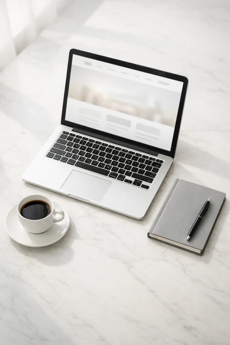 Professional web design workspace with laptop and notebook