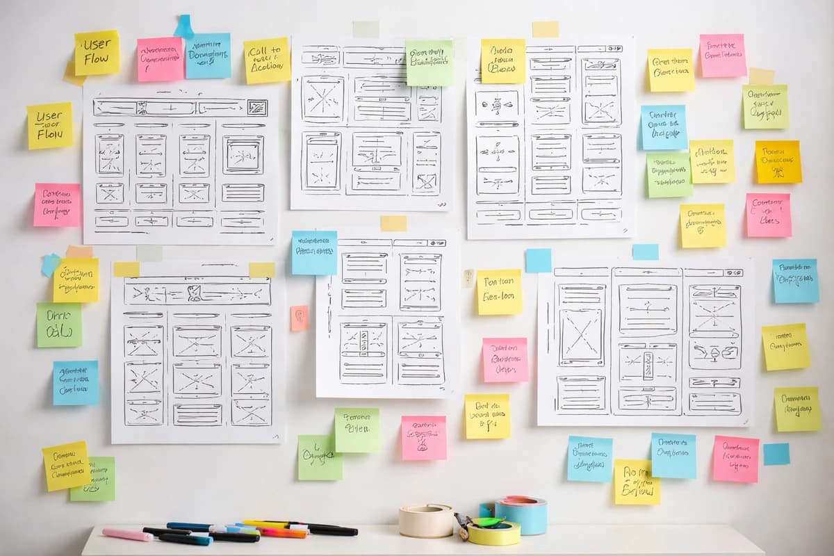 Website design process with wireframe sketches and sticky notes